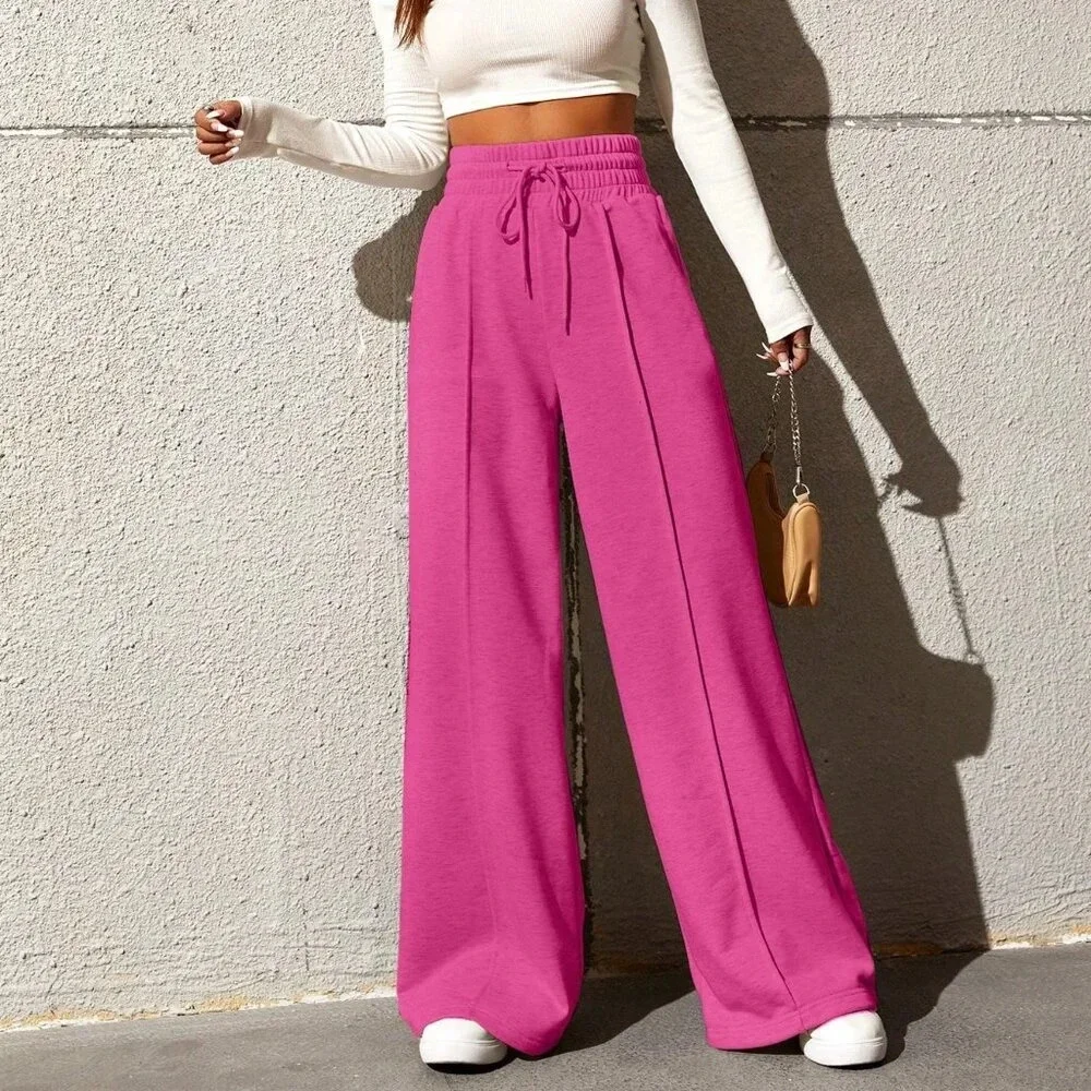 Hot Pink Women's Drawstring Waist Loose Wide Leg Palazzo Pants